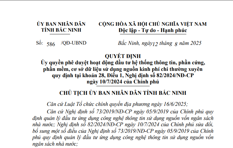 Bắc Ninh ủy quyền phê duyệt hoạt động đầu tư hệ thống thông tin, phần cứng, phần mềm, cơ sở dữ liệu